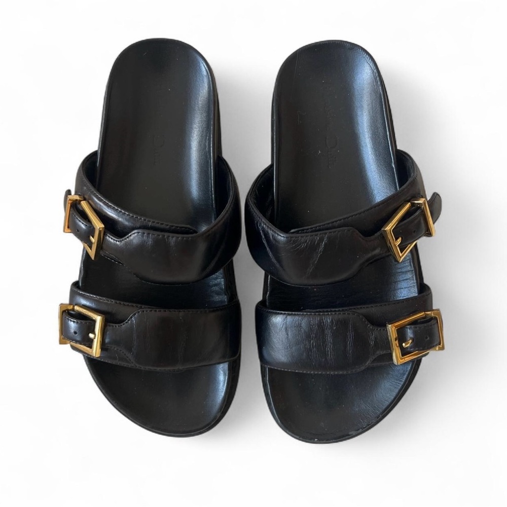 Massimo Diutti Black Leather Double Strap Slide Sandals with Gold Buckles